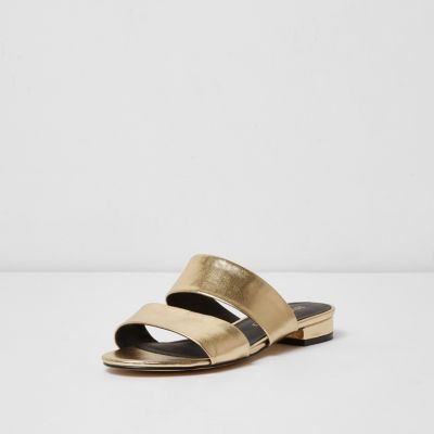 Gold faux leather two strap wide fit mules